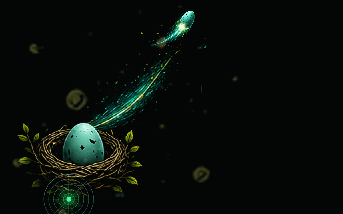 An egg resting in a nest while another egg launches off in a trail of light